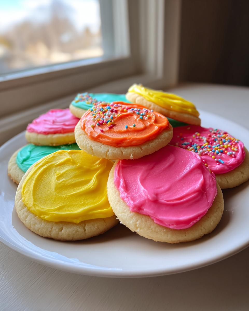 A stack of sugar cookies topped with vibrant, brightly colored cookie icing in pink, yellow, orange, and teal.
