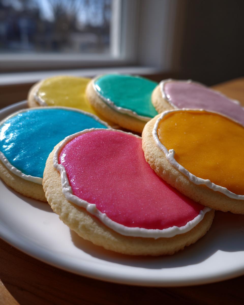 Close-up of round sugar cookies topped with bright, colorful, shimmering cookie icing, piped with a white border.