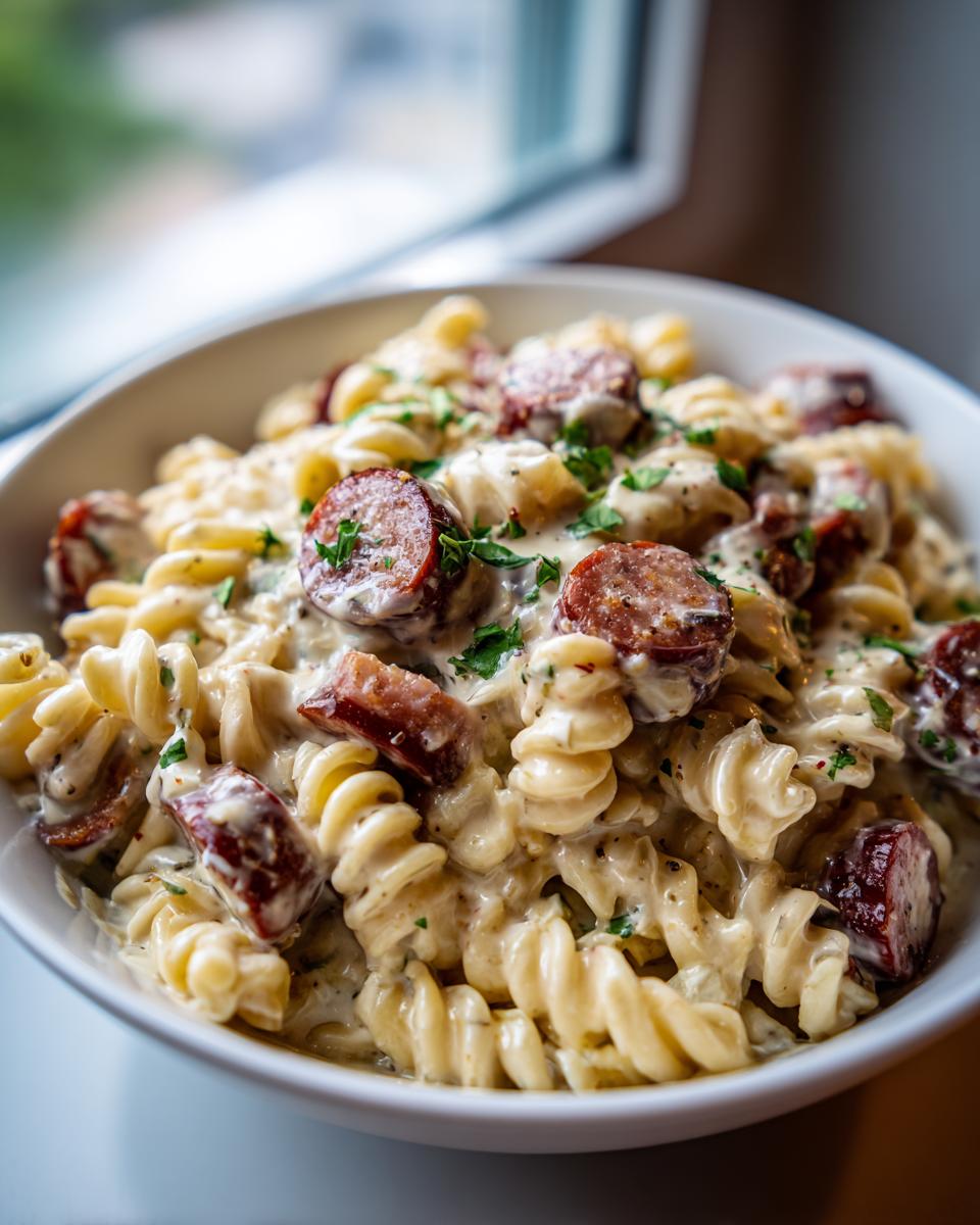 Close-up of a creamy white sauce kielbasa pasta dish featuring rotini noodles and sliced, browned kielbasa, garnished with parsley.