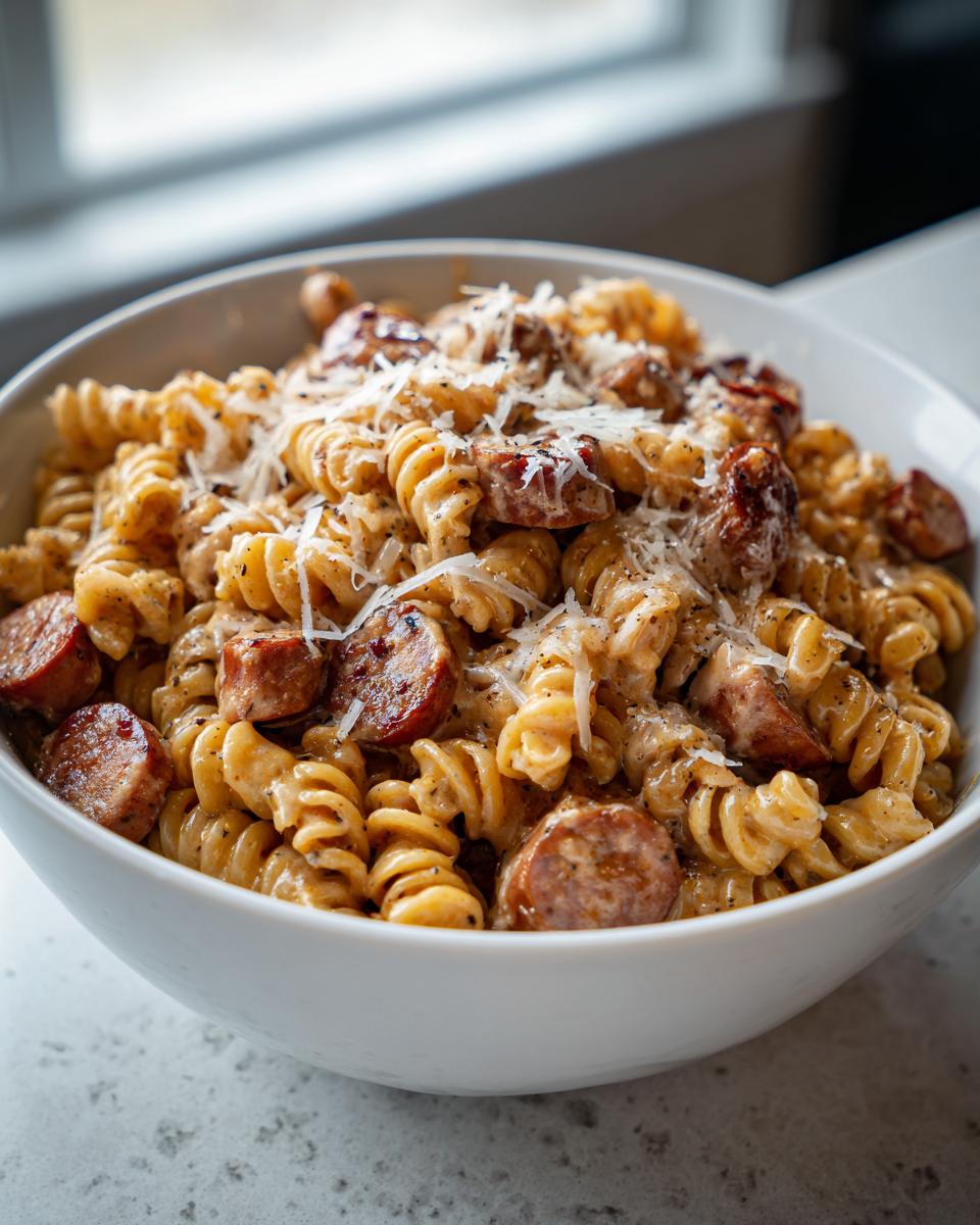 Close-up of creamy kielbasa pasta made with rotini noodles, topped with grated Parmesan cheese.
