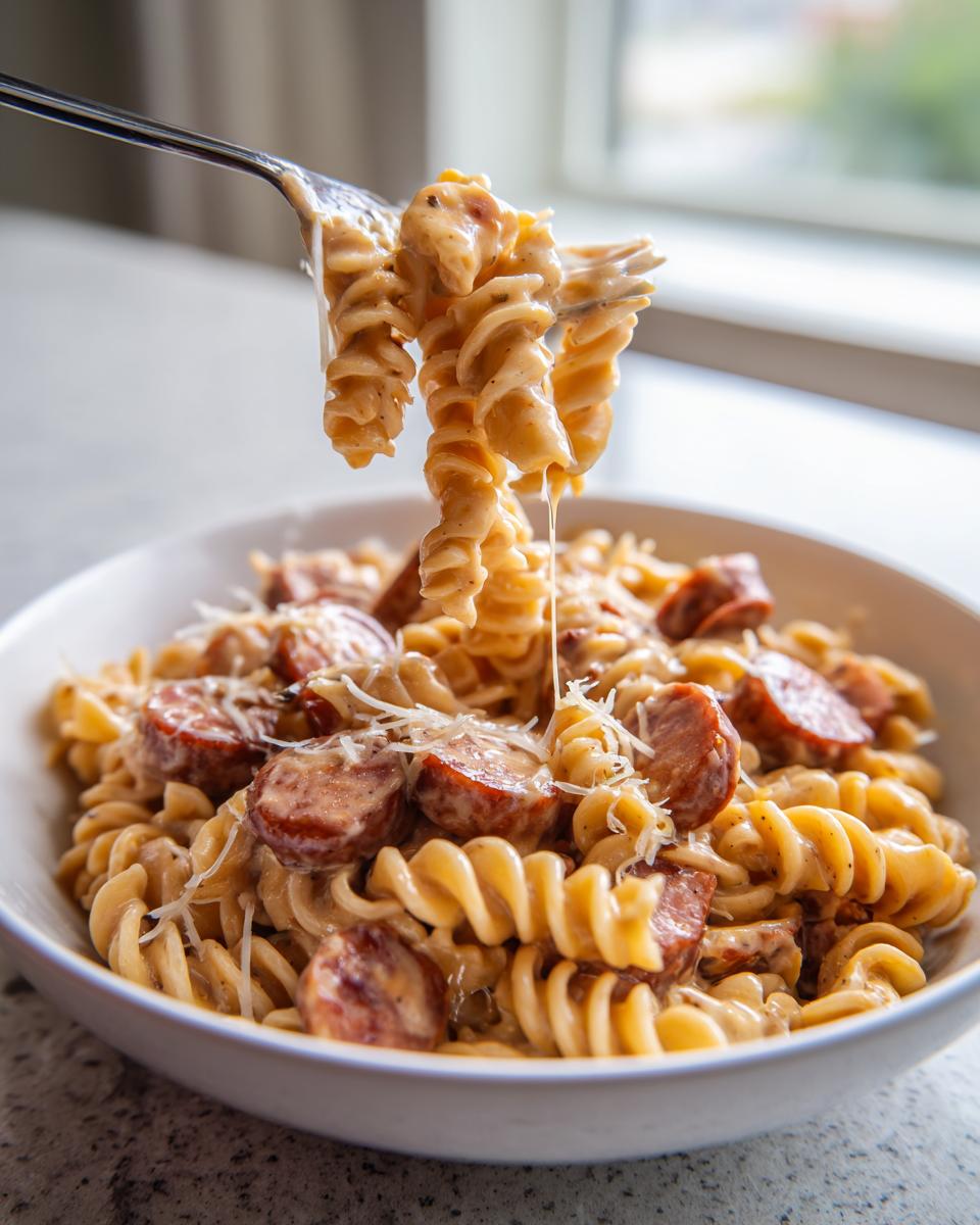 A fork lifts creamy fusilli pasta and slices of kielbasa from a white bowl of kielbasa pasta.