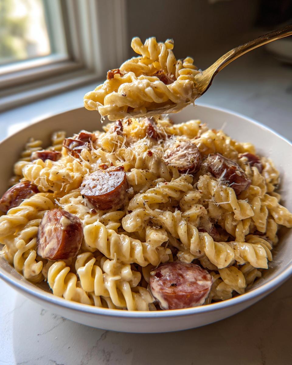 A spoonful of creamy kielbasa pasta with rotini noodles and grated cheese being lifted from a white bowl.