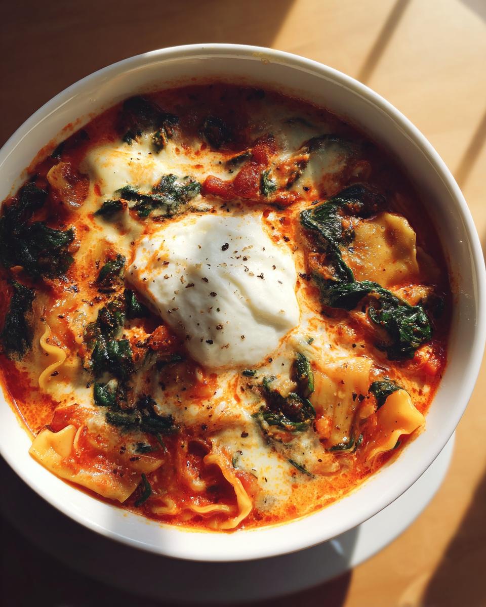 Overhead shot of a bowl of rich lasagna soup featuring pasta, spinach, tomato broth, and a dollop of ricotta cheese, perfect for lasagna soup.