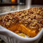 A close-up view of a creamy, bright orange sweet potato casserole topped with a thick, crunchy pecan streusel topping.