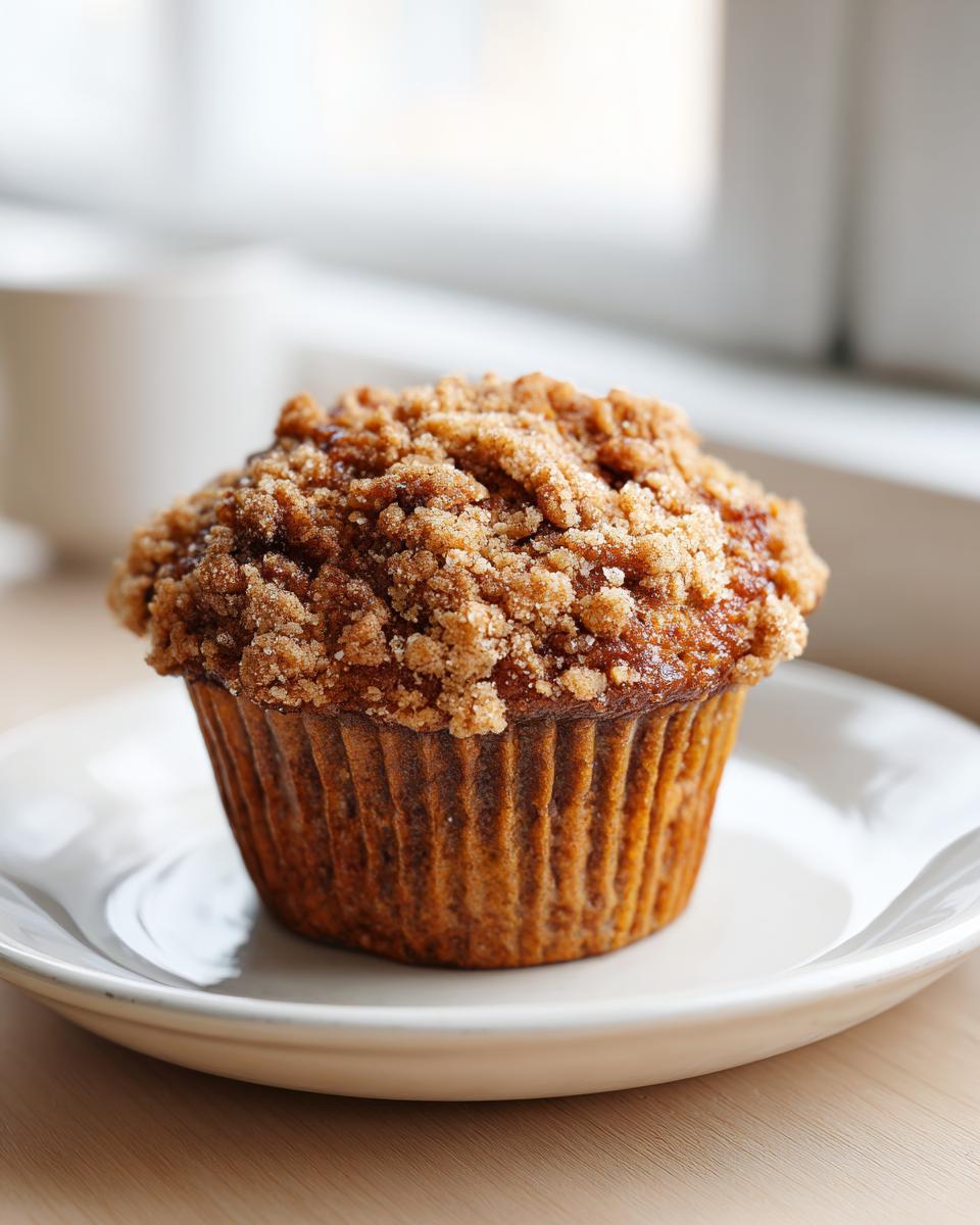 A single, perfectly baked banana nut muffin featuring a thick, sugary streusel topping, resting on a white plate.