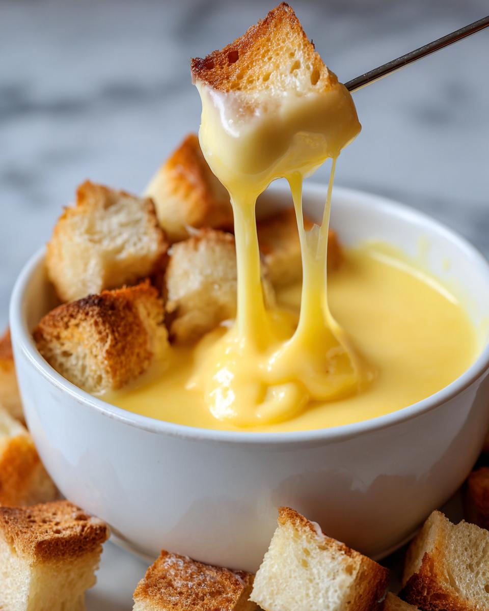 A piece of toasted bread is dipped into a white bowl filled with smooth, yellow cheese fondue recipe, showing long cheese pulls.