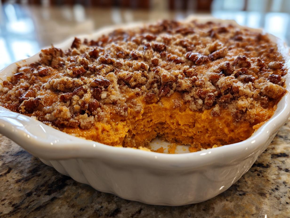 A close-up of a baked sweet potato casserole in a white dish, featuring a thick, bright orange filling and a crunchy pecan streusel topping.