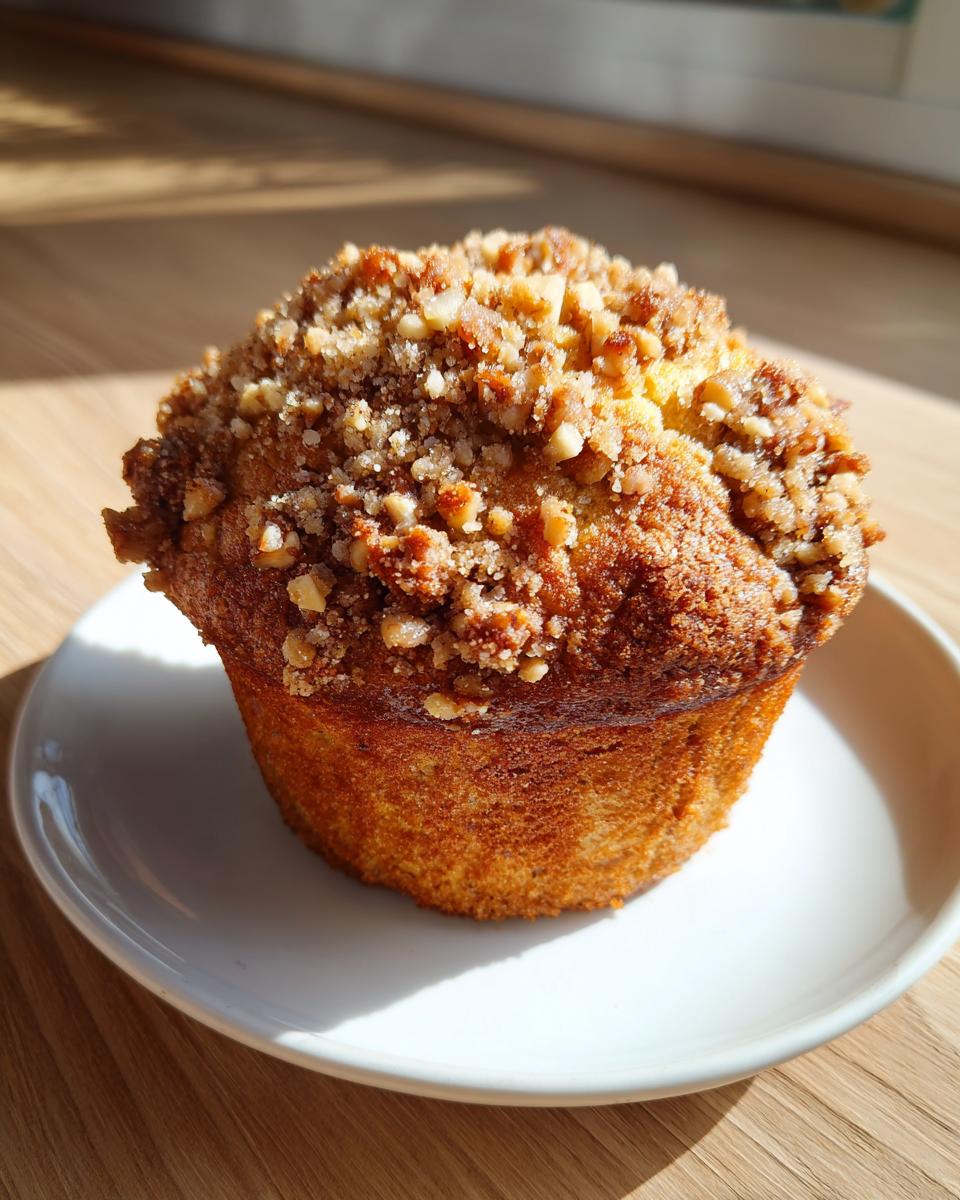 A perfectly baked banana nut muffin with a rich, crunchy streusel topping, sitting on a small white plate.