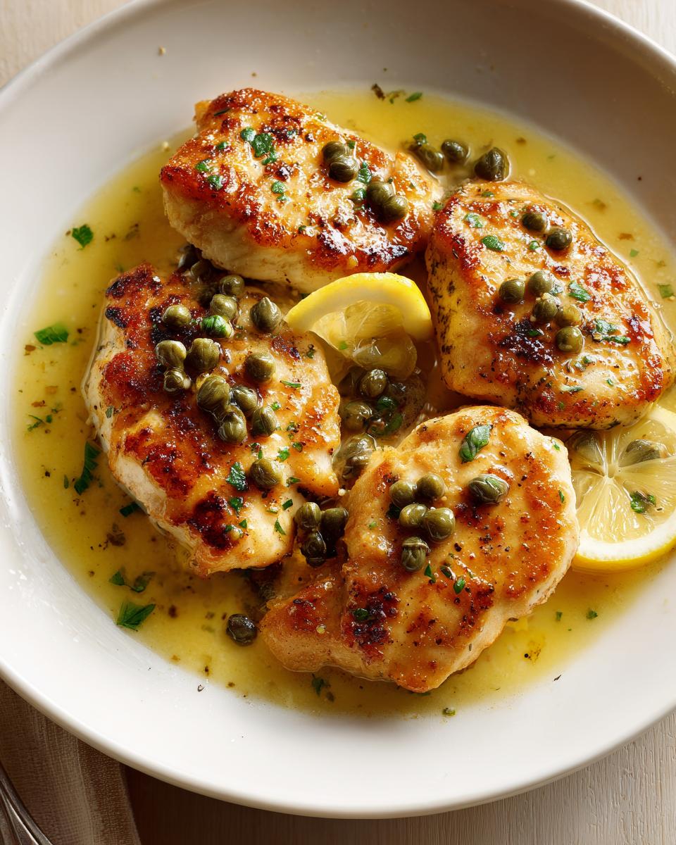 Four golden-brown pieces of chicken piccata topped with capers and parsley, served in a bright lemon butter sauce.