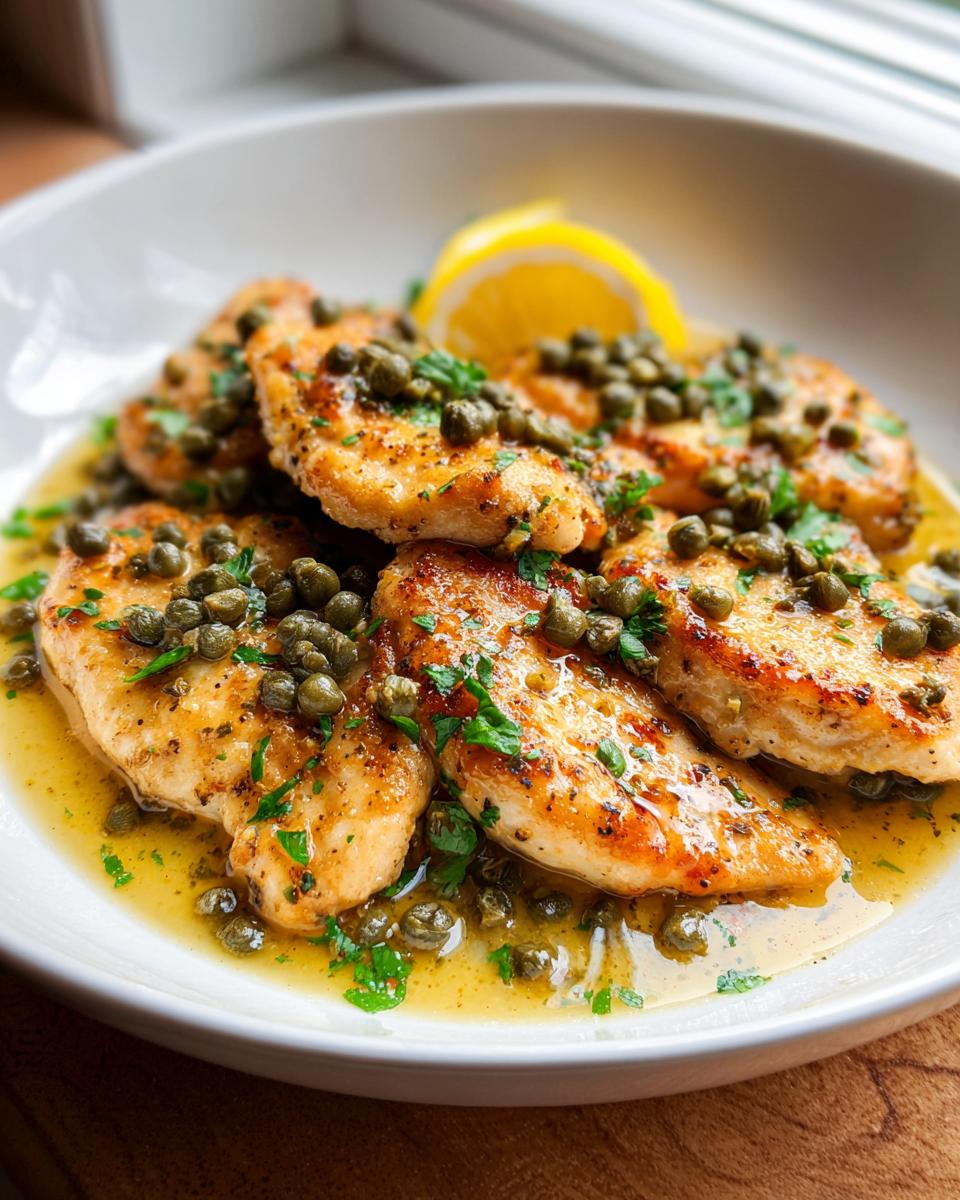 Close-up of pan-seared chicken piccata breasts smothered in a lemon-butter sauce with capers and parsley.