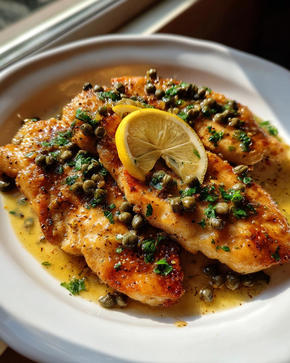 Three golden-brown pieces of chicken piccata smothered in lemon butter sauce, capers, and parsley, garnished with a lemon slice.