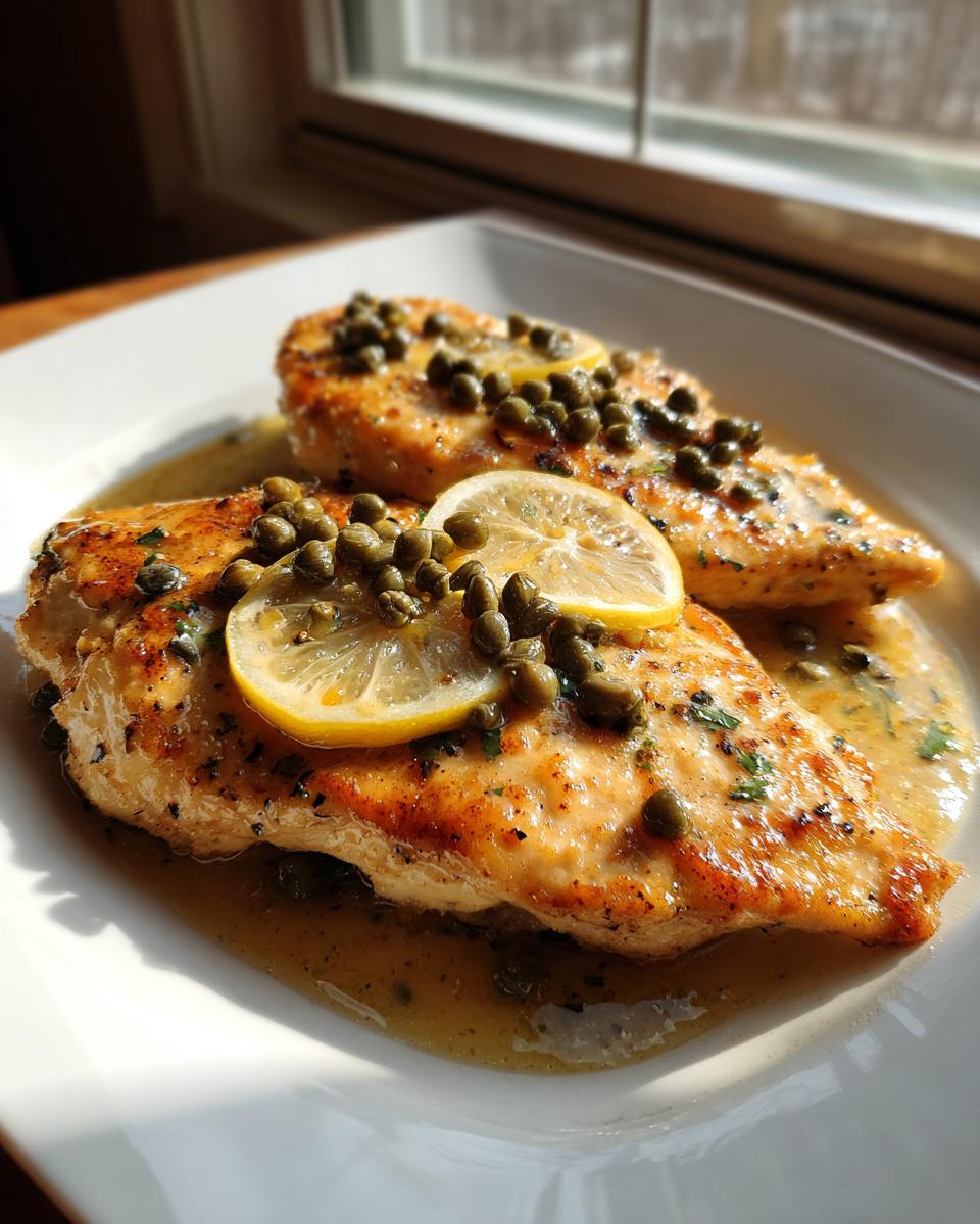 Two golden-brown chicken piccata fillets topped with lemon slices and capers, sitting in a light sauce.