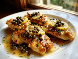 Close-up of pan-seared chicken piccata fillets covered in a bright lemon-butter sauce, capers, and lemon slices.