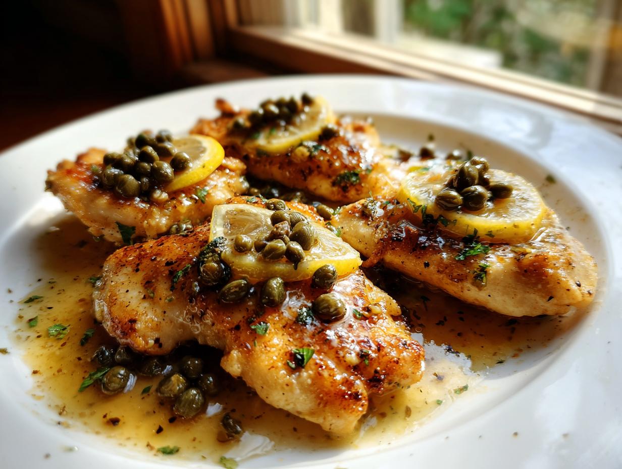 Close-up of pan-seared chicken piccata fillets covered in a bright lemon-butter sauce, capers, and lemon slices.