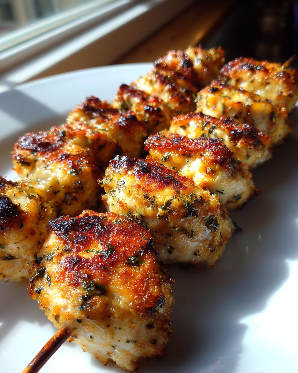Close-up of perfectly cooked, golden brown chicken skewers seasoned with visible green herbs.