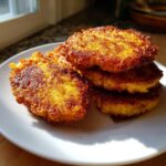 A stack of four golden brown, crispy hot water cornbread patties on a white plate, lit by sunlight.
