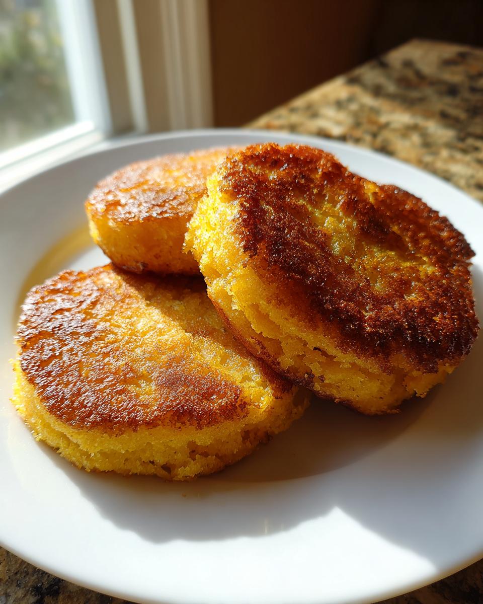 Three golden brown, thick rounds of hot water cornbread stacked slightly on a white plate.