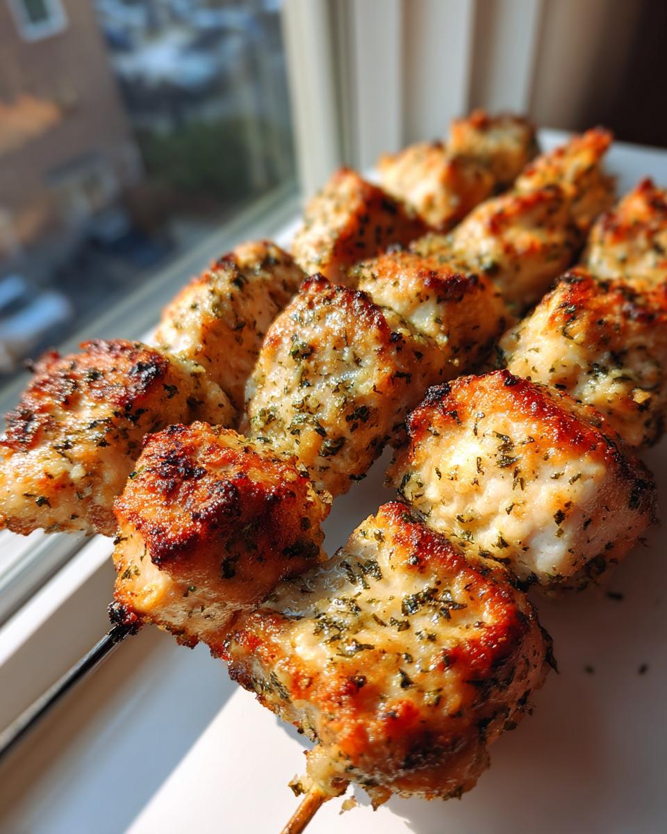 Close-up of perfectly cooked, golden-brown chicken skewers seasoned with green herbs, resting on a white plate.