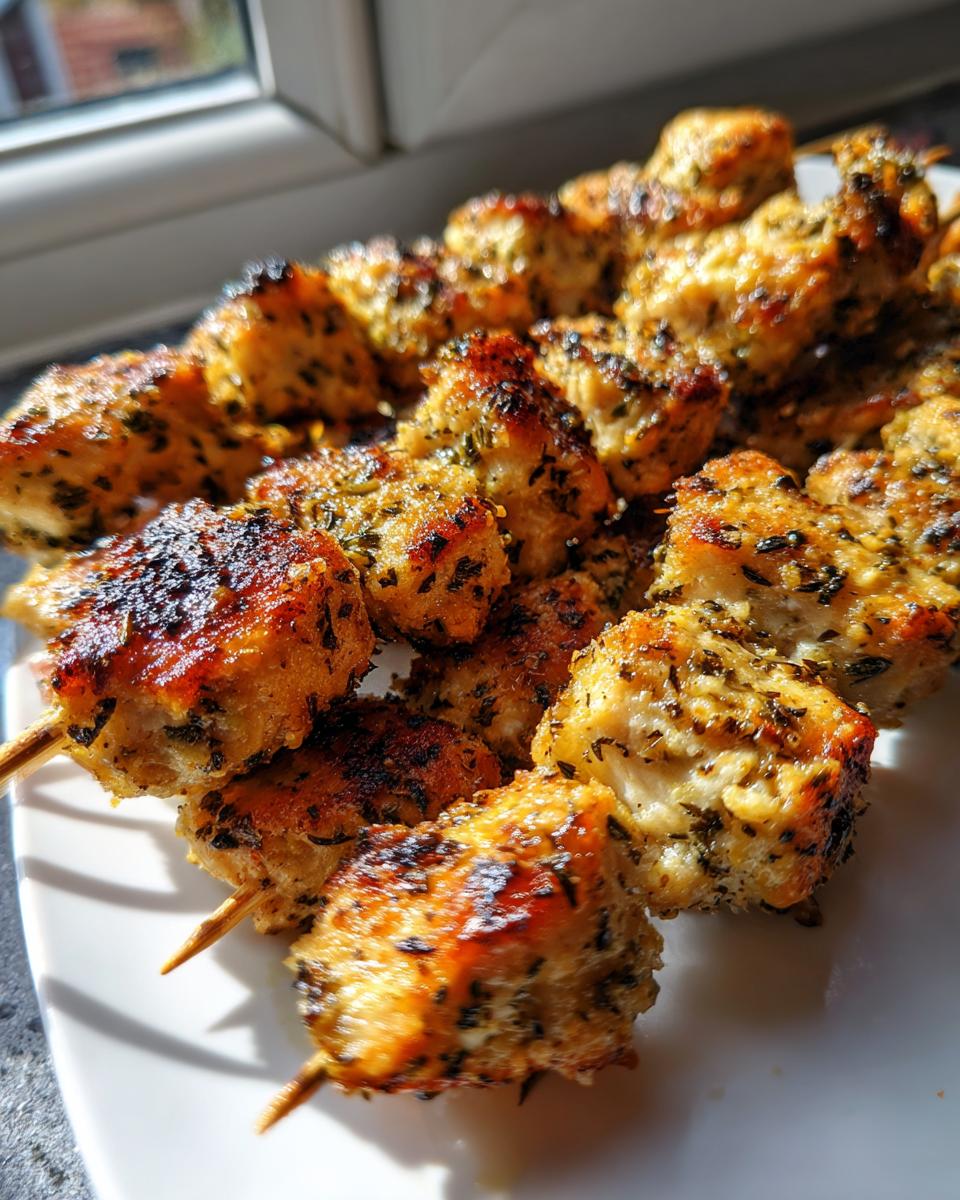 Close-up of golden brown, herb-crusted chicken skewers piled on a white plate, showing char marks.