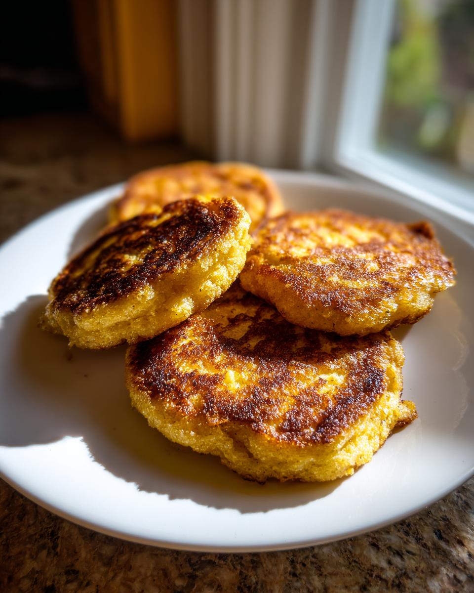 Four golden brown, freshly fried rounds of hot water cornbread stacked slightly on a white plate.