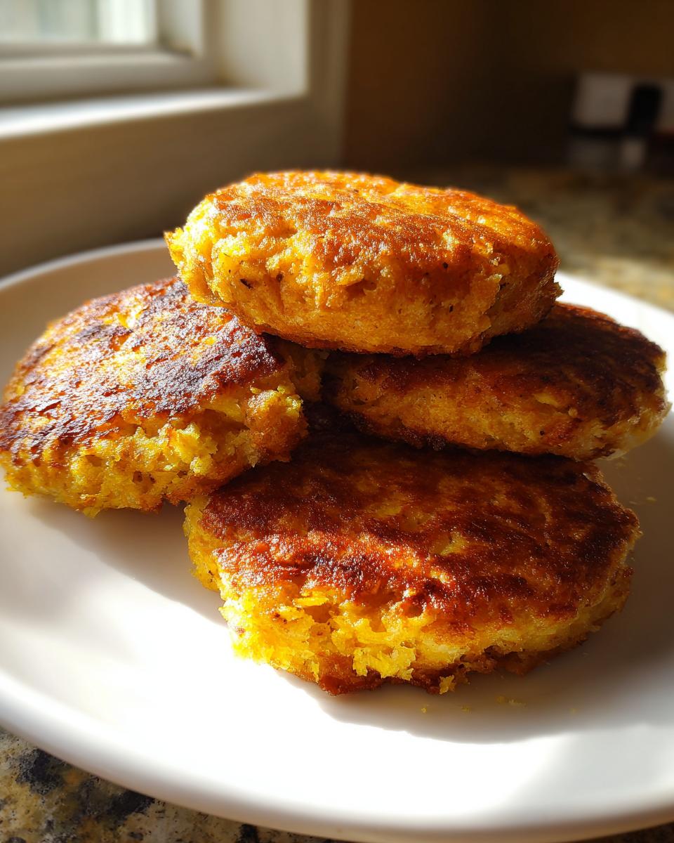 A stack of four golden brown, freshly fried hot water cornbread patties on a white plate.