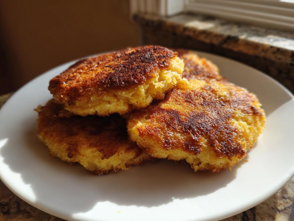 A stack of three golden brown, pan-fried hot water cornbread patties resting on a white plate.