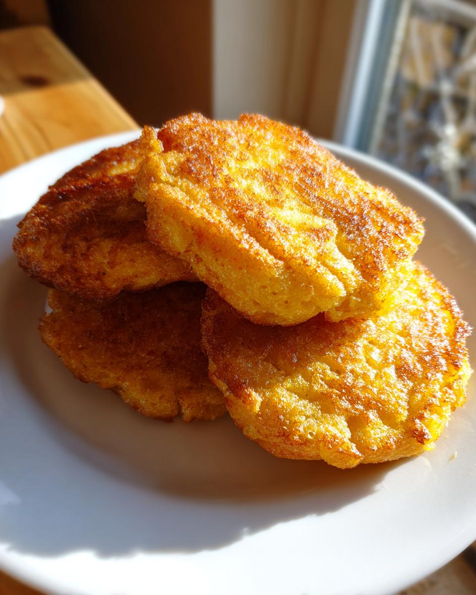 A stack of four golden brown, freshly fried hot water cornbread rounds sitting on a white plate.