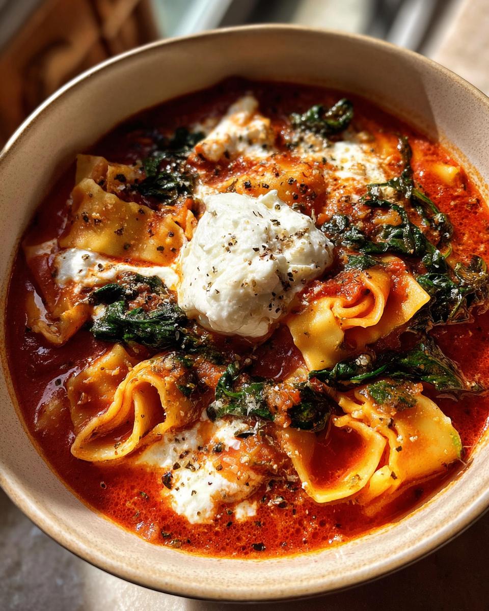 Close-up of a hearty bowl of lasagna soup with pasta ribbons, rich tomato broth, spinach, and a dollop of ricotta cheese.