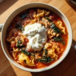 Overhead view of a rich, red lasagna soup bowl topped with a dollop of ricotta cheese and wilted spinach.