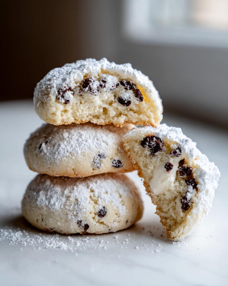 A stack of three powdered sugar cannoli cookies, one broken open to show the creamy filling and raisins.