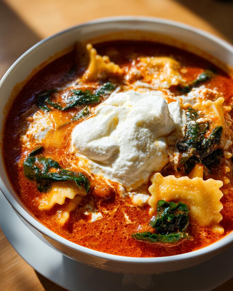Close-up of a bowl of rich tomato lasagna soup featuring pasta pieces, spinach, and a large dollop of ricotta cheese.