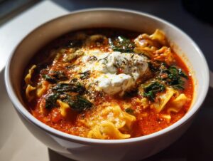 A close-up shot of a steaming bowl of rich, red lasagna soup featuring noodles, spinach, and a dollop of creamy ricotta cheese.