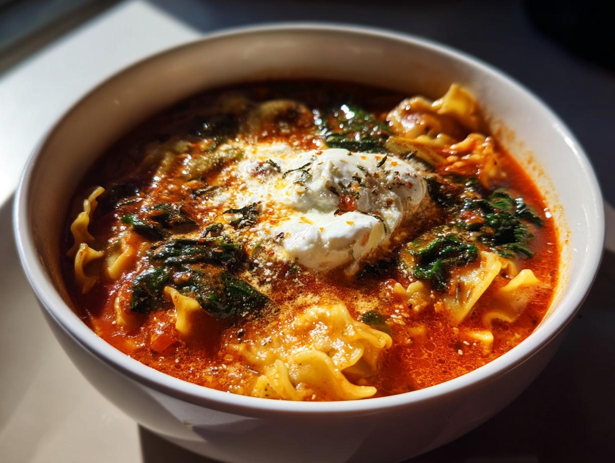 A close-up shot of a steaming bowl of rich, red lasagna soup featuring noodles, spinach, and a dollop of creamy ricotta cheese.