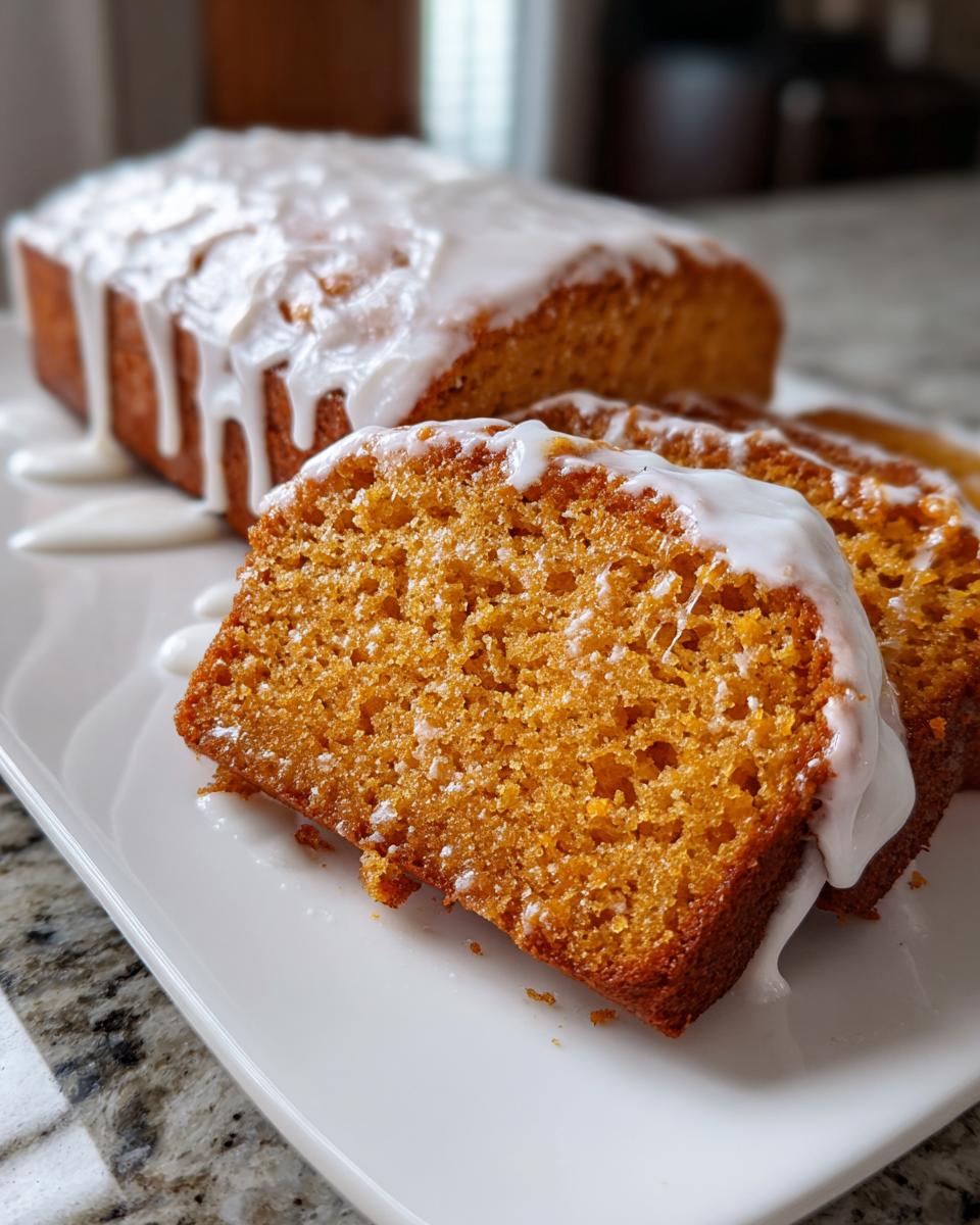 Close-up of sliced sweet potato pound cake topped with thick white icing, served on a white platter.