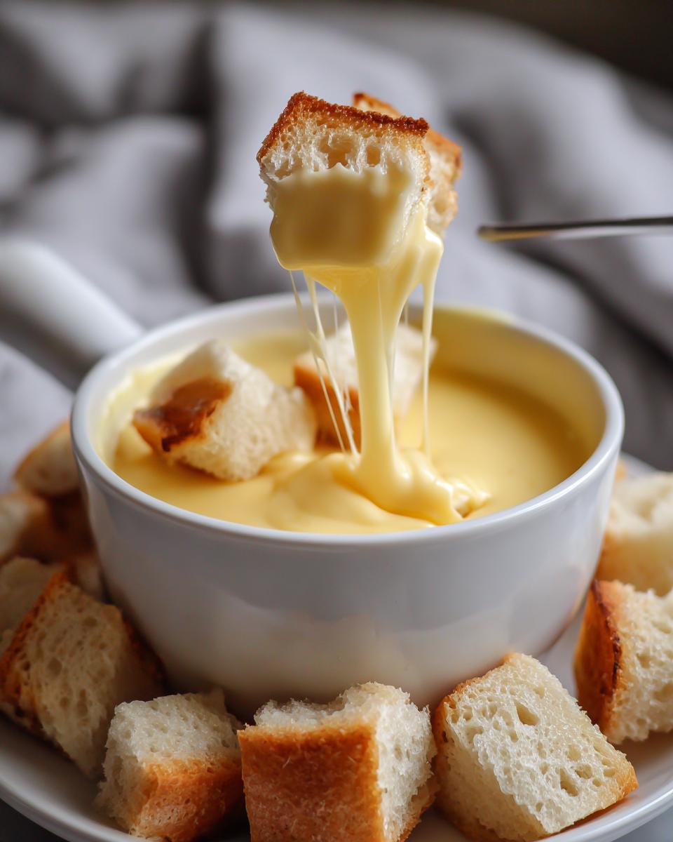 A piece of toasted bread being dipped into a bowl of melted, stretchy cheese fondue recipe.