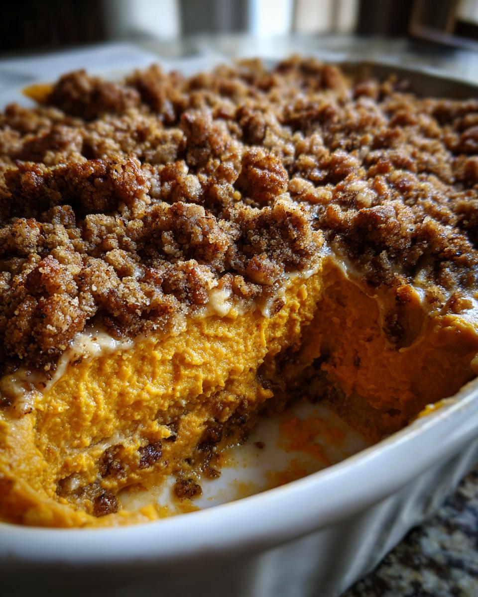 A scoop has been taken out of a rich, orange sweet potato casserole topped with a thick, crunchy brown sugar pecan crumble.