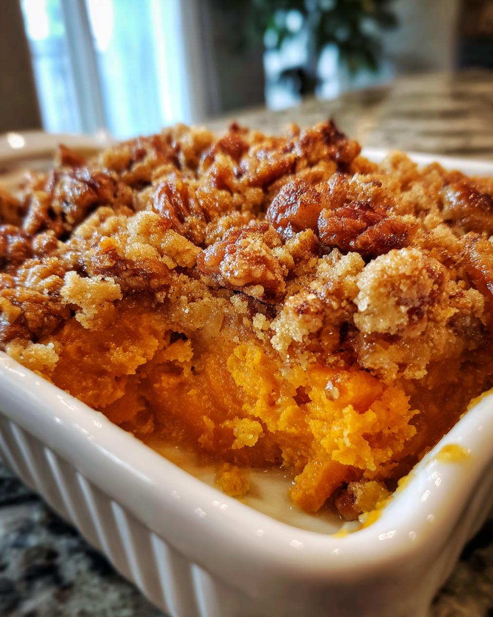 A close-up view of a scoop taken out of a rich, orange sweet potato casserole topped with a crunchy pecan crumble.