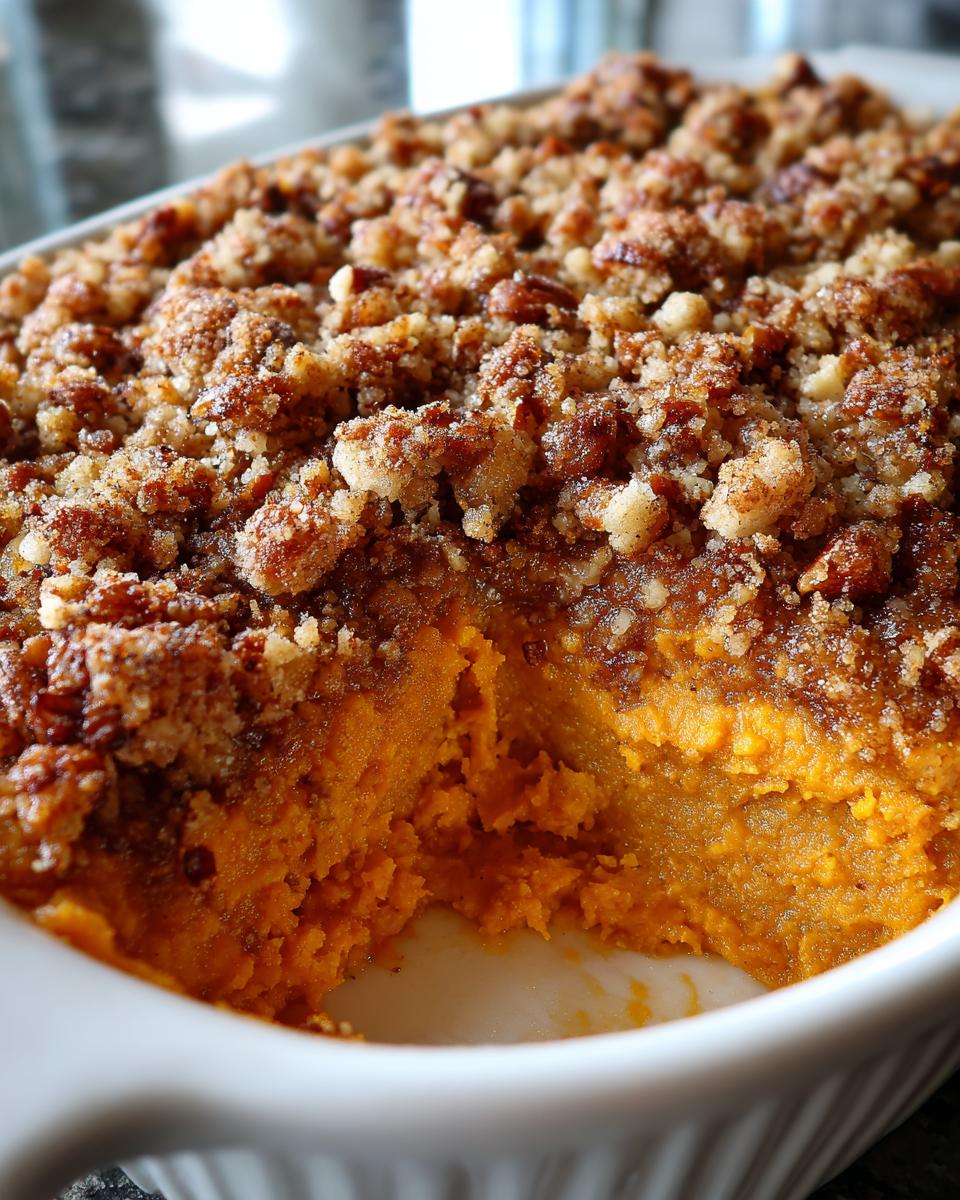 A scoop taken out of a creamy sweet potato casserole topped with a crunchy brown sugar and pecan streusel.