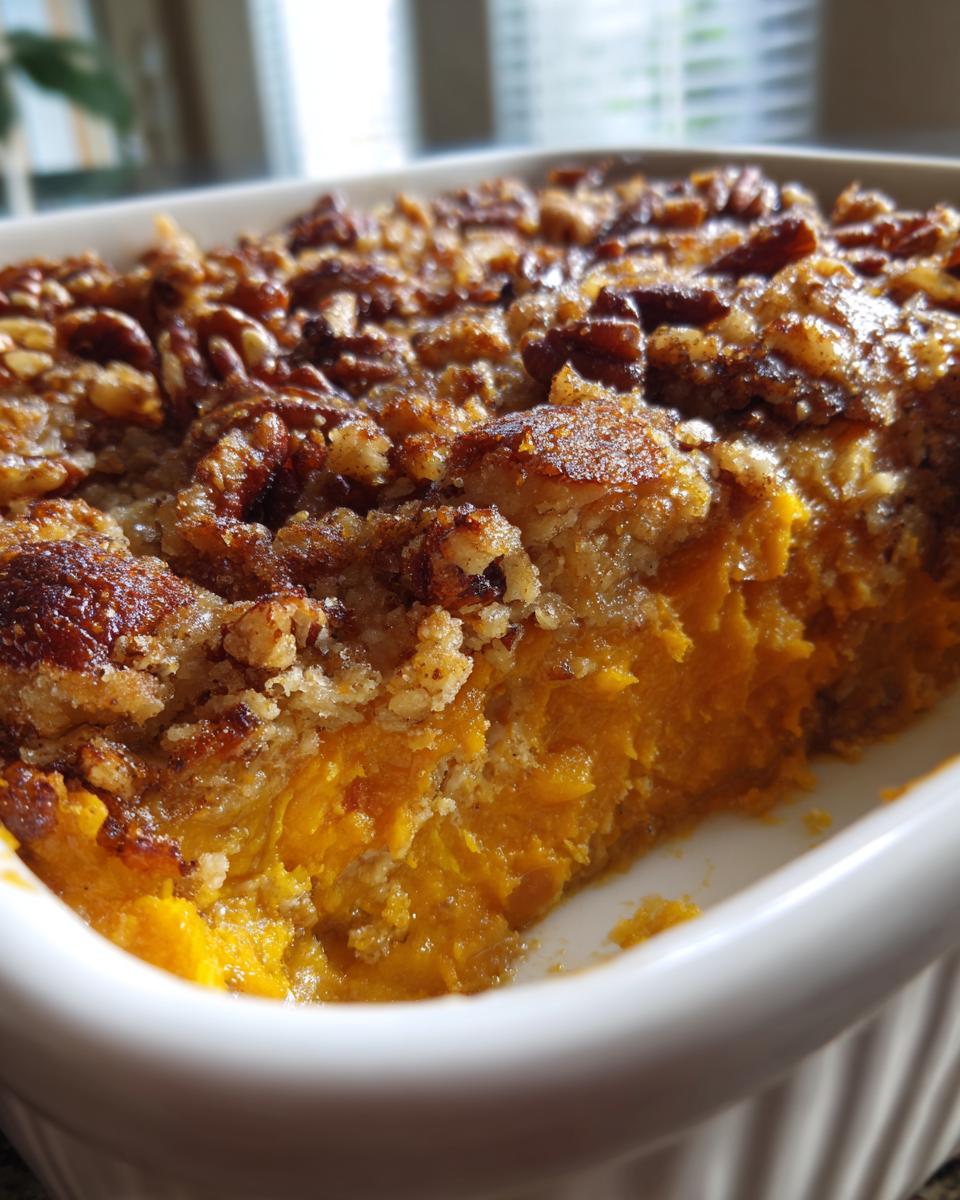 A close-up view of a scoop taken out of a rich, orange sweet potato casserole topped with a crunchy pecan streusel.