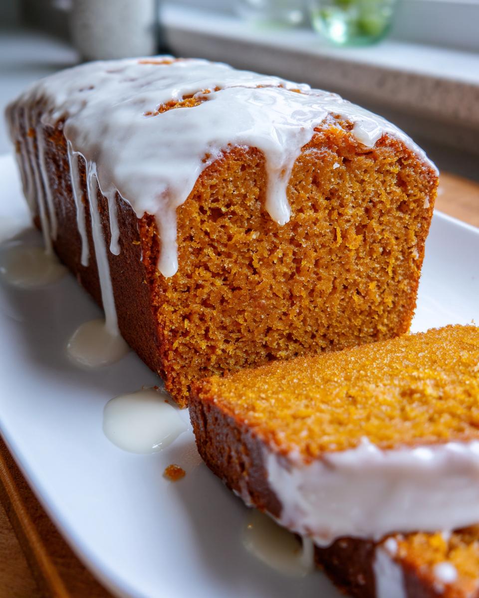 Close-up of a sliced sweet potato pound cake loaf topped with thick vanilla glaze dripping down the sides.