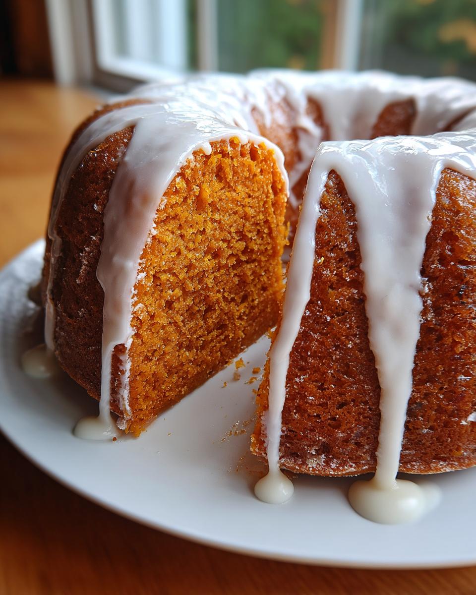 Close-up of a moist sweet potato pound cake drizzled with white icing, with one slice cut out.