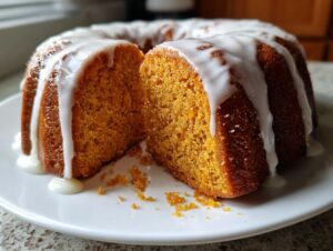 A slice cut from a bundt-style sweet potato pound cake, drizzled heavily with white vanilla glaze.