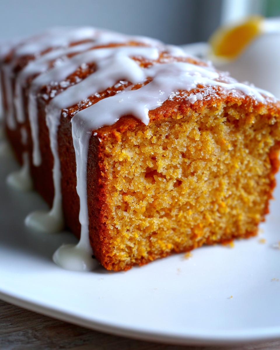Close-up of a slice of moist sweet potato pound cake drizzled with white vanilla glaze.