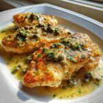 Three golden-brown pieces of chicken piccata topped generously with capers and parsley in a lemon butter sauce.
