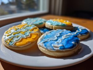 Close-up of sugar cookies decorated with vibrant blue and yellow cookie icing, arranged on a white plate.