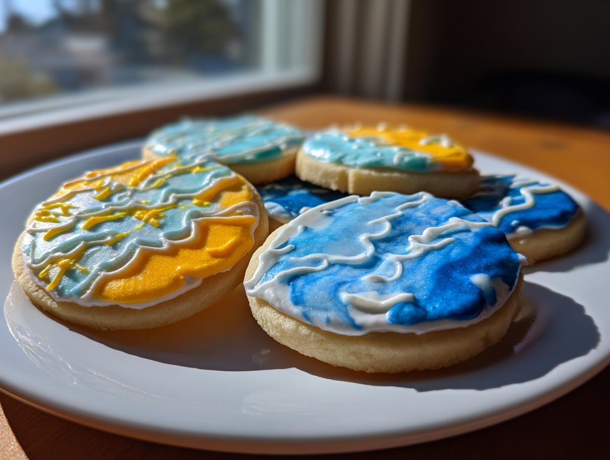 Close-up of sugar cookies decorated with vibrant blue and yellow cookie icing, arranged on a white plate.
