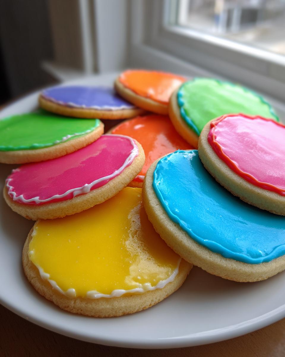 A pile of round sugar cookies topped with glossy, brightly colored cookie icing in yellow, pink, blue, green, and orange.